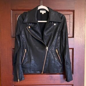 a new day Black Leather Jacket with Gold Accents